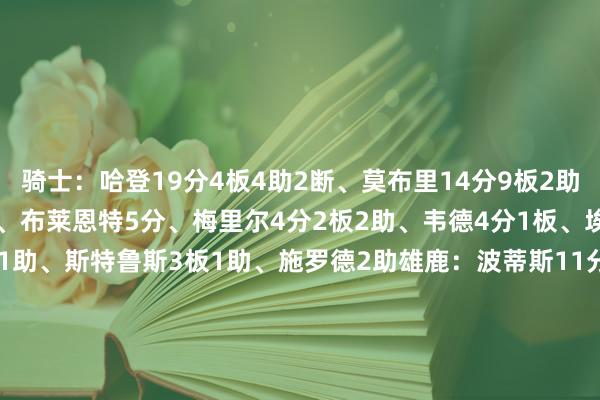 骑士：哈登19分4板4助2断、莫布里14分9板2助3帽、米切尔7分2板1助、布莱恩特5分、梅里尔4分2板2助、韦德4分1板、埃利斯2分3板、泰森2分1助、斯特鲁斯3板1助、施罗德2助雄鹿：波蒂斯11分6板2助、罗林斯10分1板2助、吉昂8分4板1助、波特8分1板6助、普林斯8分1板、希姆斯4分5板、南斯3分3板1助2帽、AJ·格林3分2板1助、库兹马3分2助    体育集锦